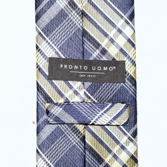 Pronto Uomo Men’s Neck Tie Blue And Yellow Plaid 100% Silk - Picture 2 of 3